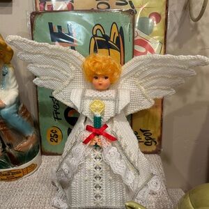 Handcrafted Angel Tree Topper with White and Red Accents